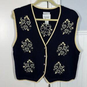 Vtg Hand-knit Christopher & Banks Sweater Vest Navy Yellow Hearts Flowers
